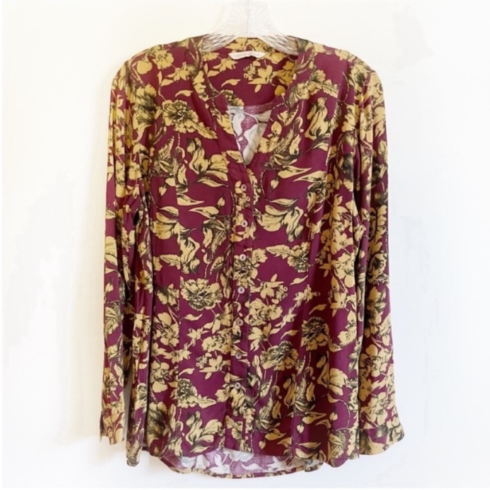 Soft Surroundings shirt tunic burgundy gold floral button front